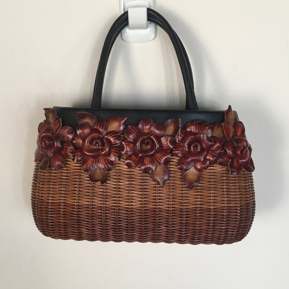 NWOT Woven Brown Floral Accent Handbag with Black Handles